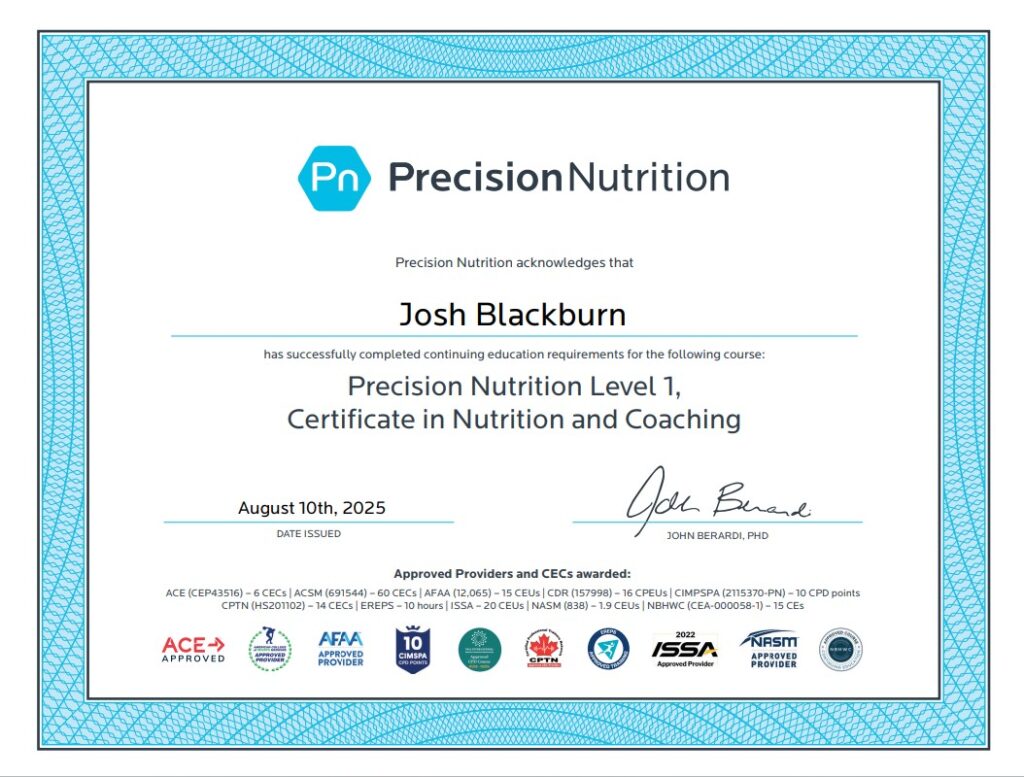 Josh Blackburn Precision Nutrition Level Certification